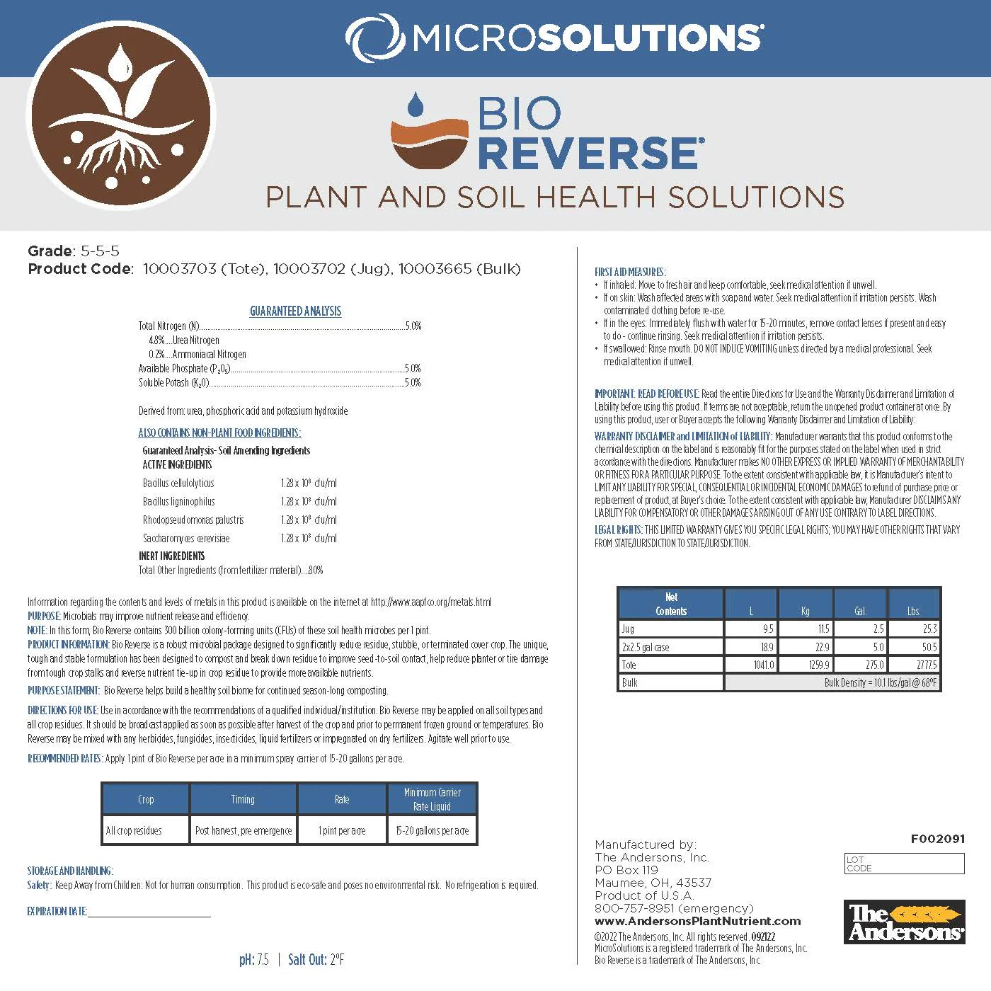 Bio Reverse Microbial for Crop Residue Breakdown 2.5 gal jug