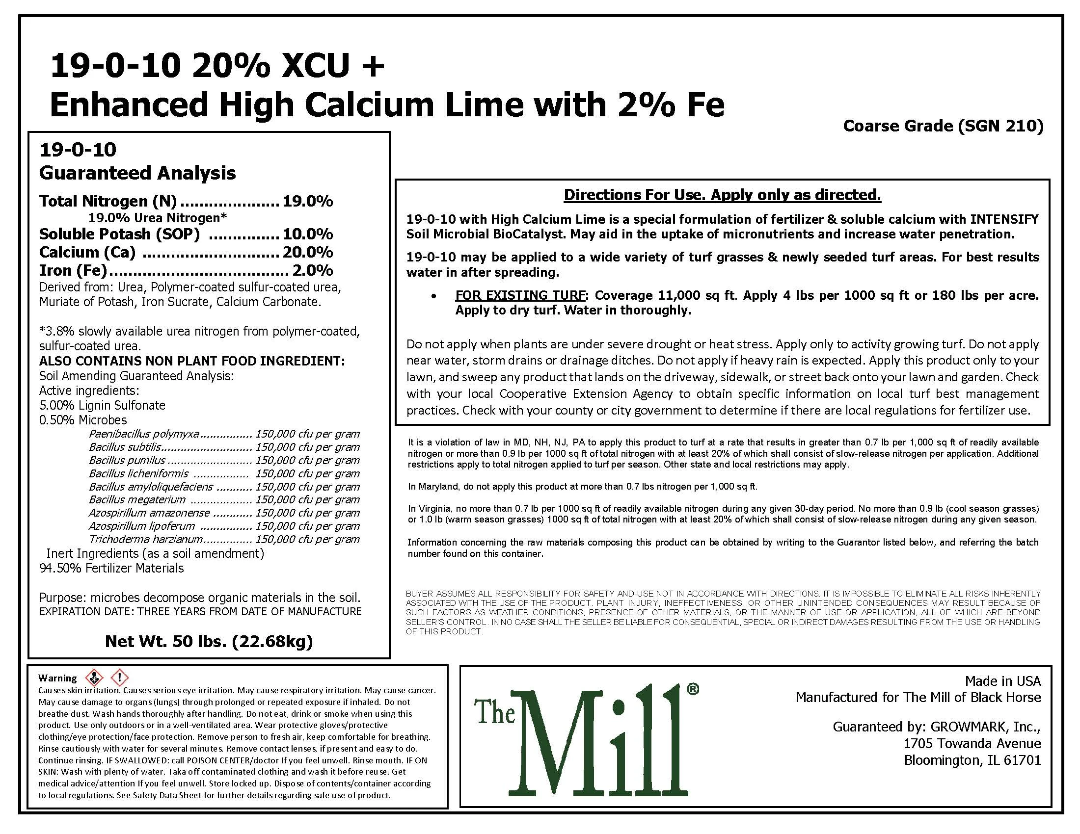The Mill Fertilizer 19-0-10 20% XCU, 2% Fe with Solu-Cal Lime - Image 3